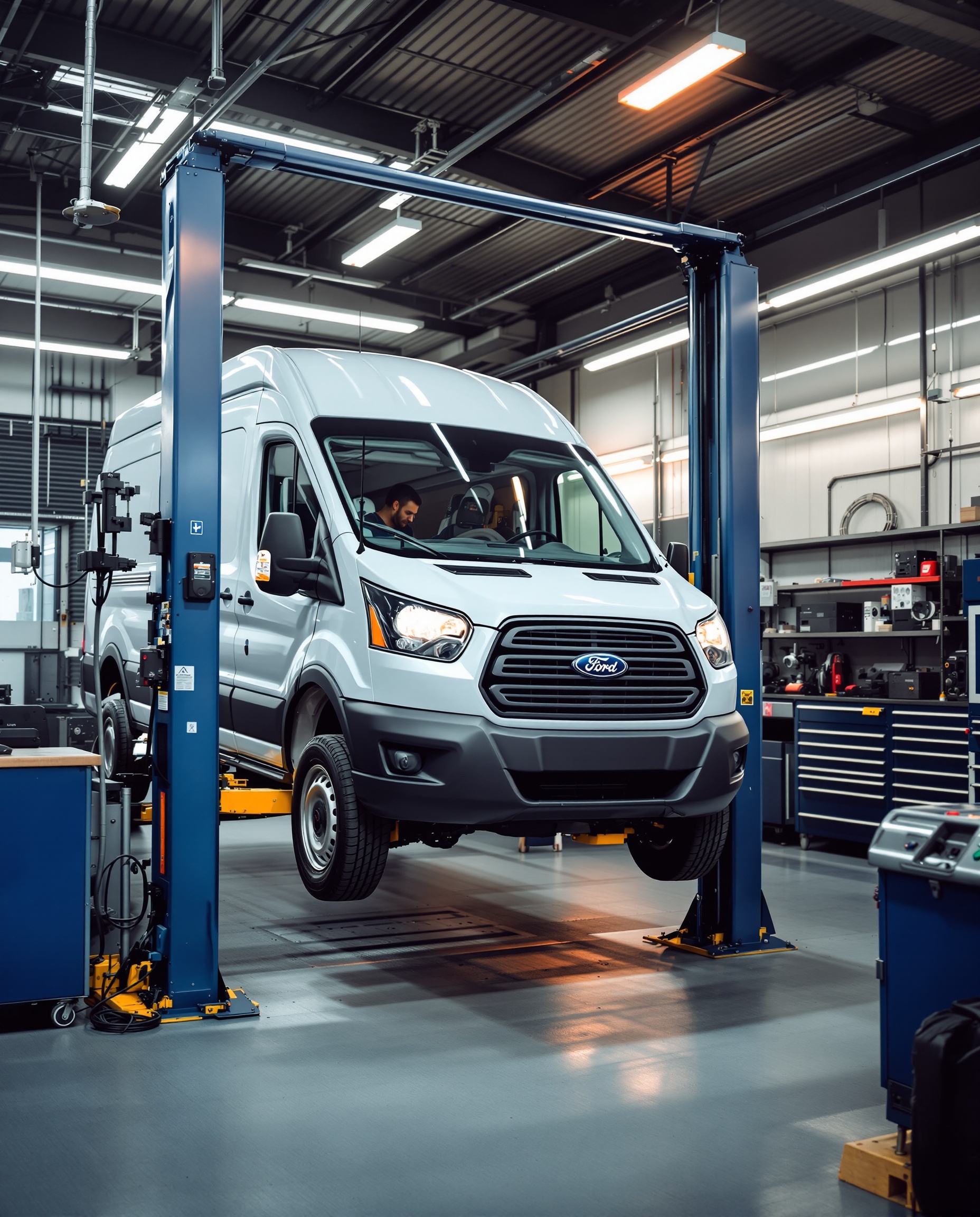 Inside Copthorne Transit Centre workshop with Ford Transit on lift