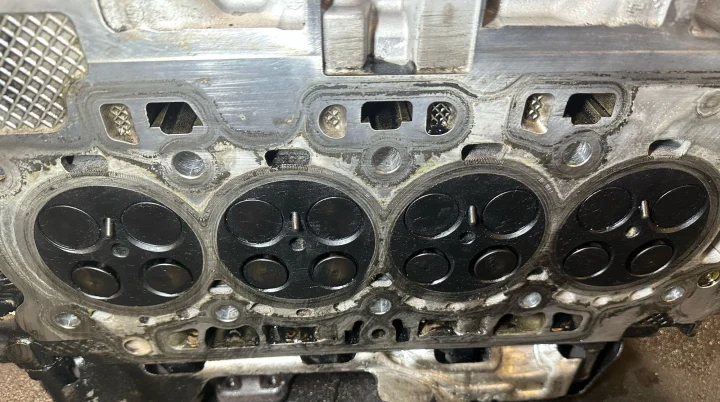 Cylinder head removed from the engine, showing the valves in all four combustion chambers
