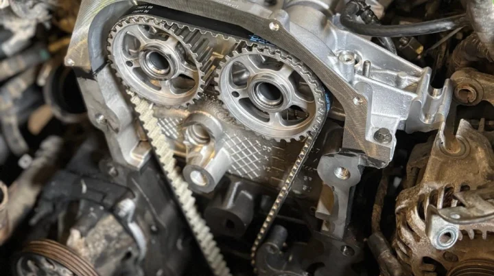 Timing belt fitted over twin camshaft sprockets with the engine front cover removed
